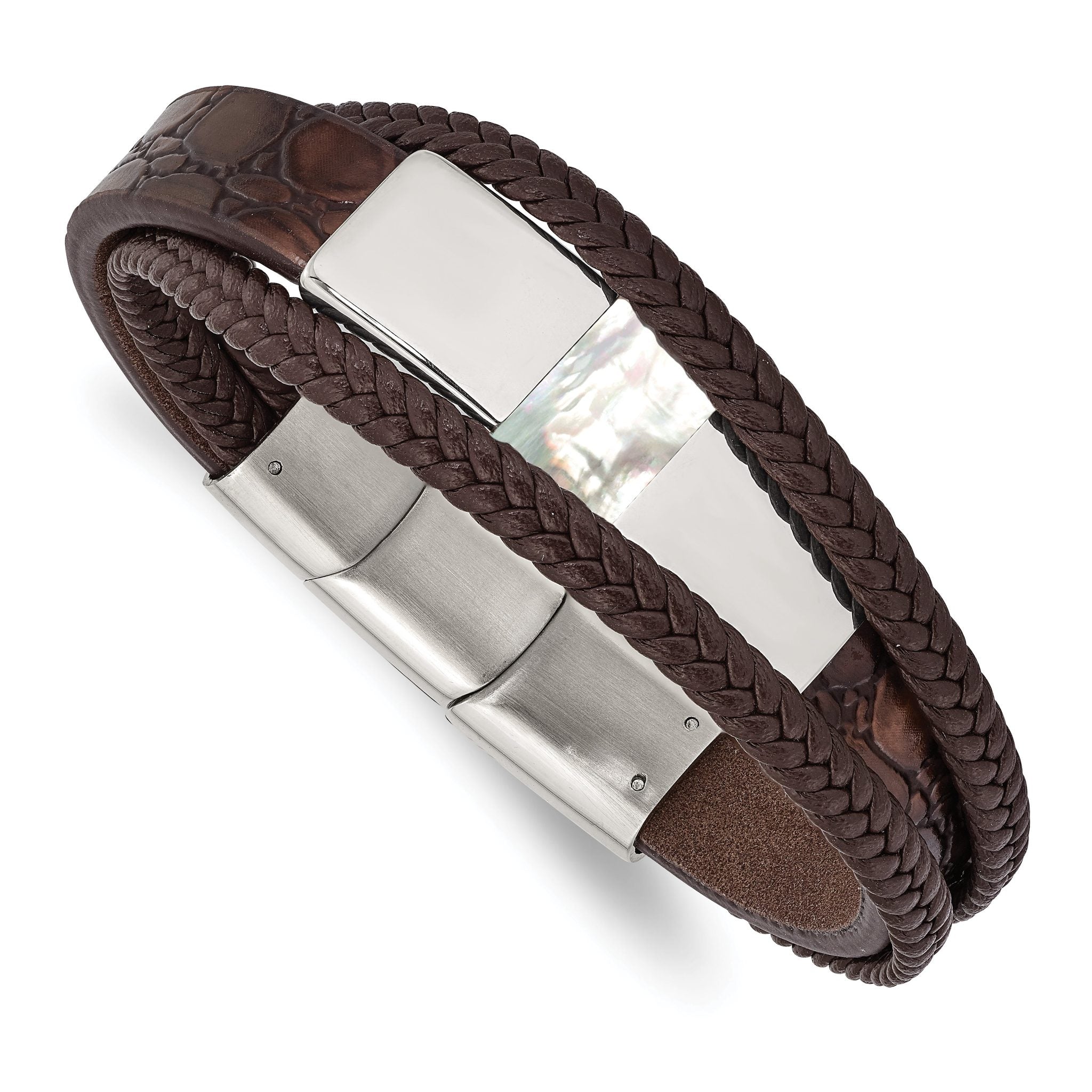 Stainless Steel Polished with Shell Pearl Multi Strand Brown Leather Bracelet with . Extension