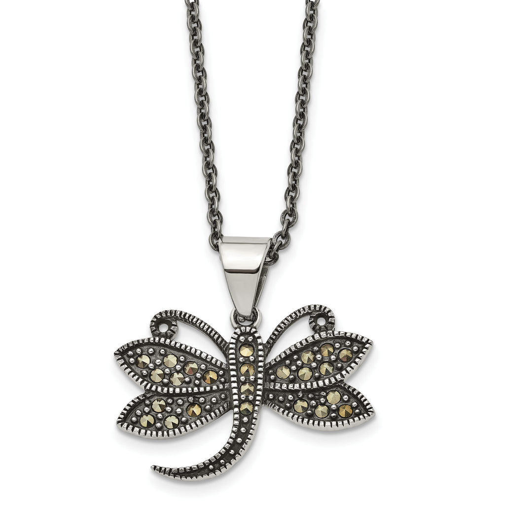 Marcasite Dragonfly Pendant Necklace in Stainless Steel