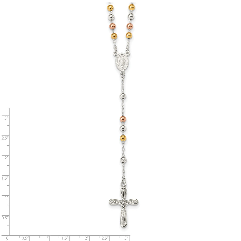 Sterling Silver 925 Polished Rosary Necklace with Tri-Color Beads