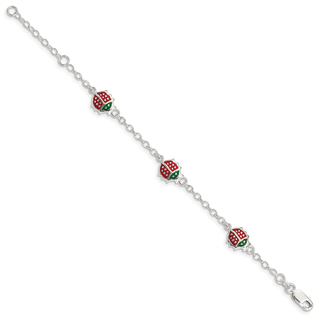 Sterling Silver Multi-color Enamel Ladybugs With  1in ext. Children's Bracelet