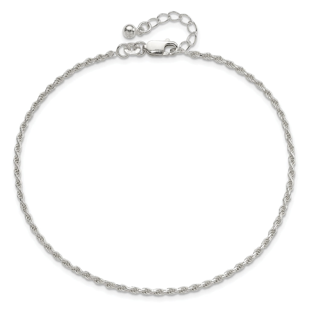 Sterling Silver 2mm Rope Chain 9 inch Plus 1 inch Extender - Total 10 inch Anklet