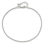 Sterling Silver 2mm Rope Chain 9 inch Plus 1 inch Extender - Total 10 inch Anklet