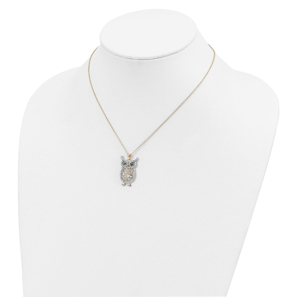 Cheryl M Sterling Silver Gold-plated Polished Black and White CZ Owl 16 Inch with 2 Inch Extension Necklace
