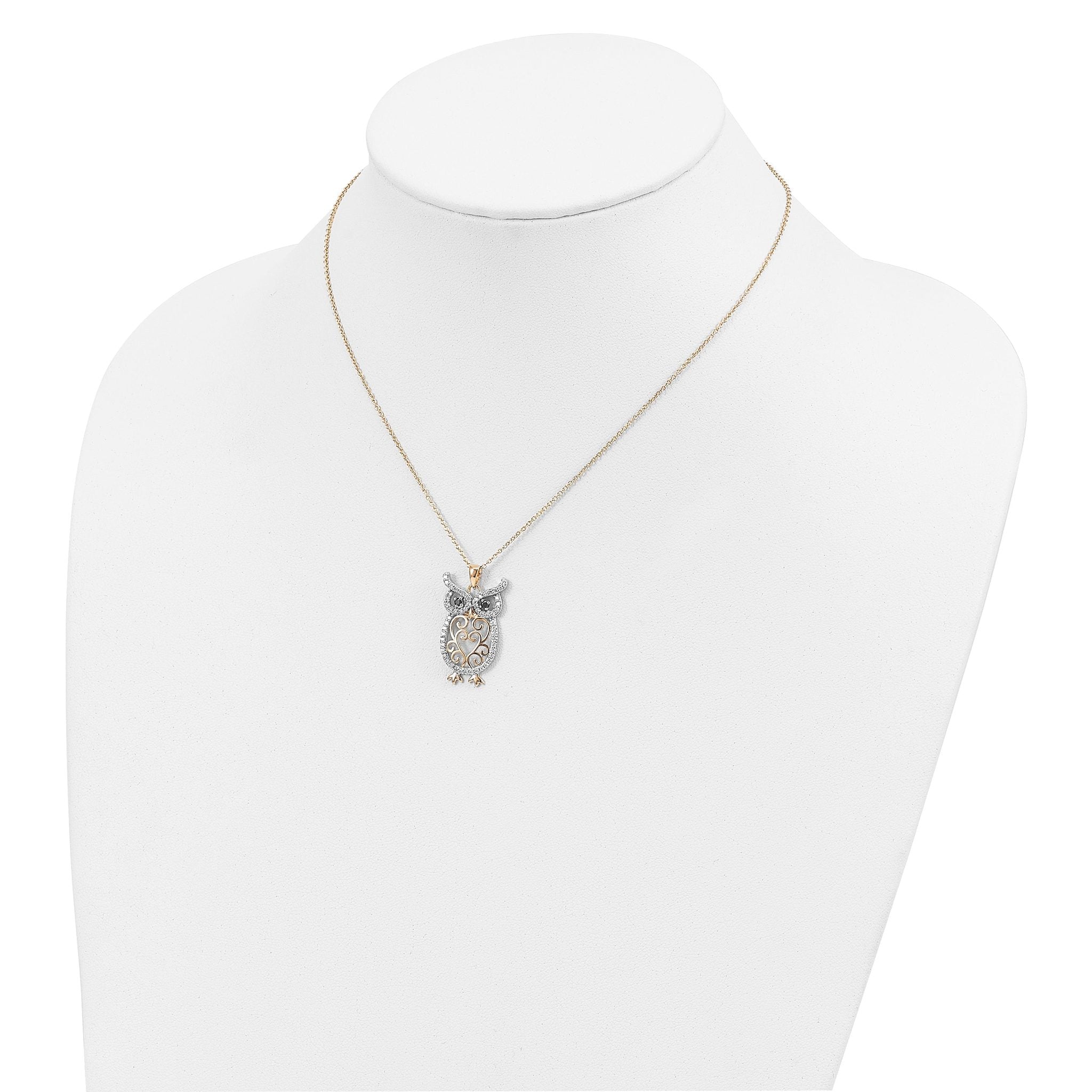 Cheryl M Sterling Silver Gold-plated Polished Black and White CZ Owl 16 Inch with 2 Inch Extension Necklace