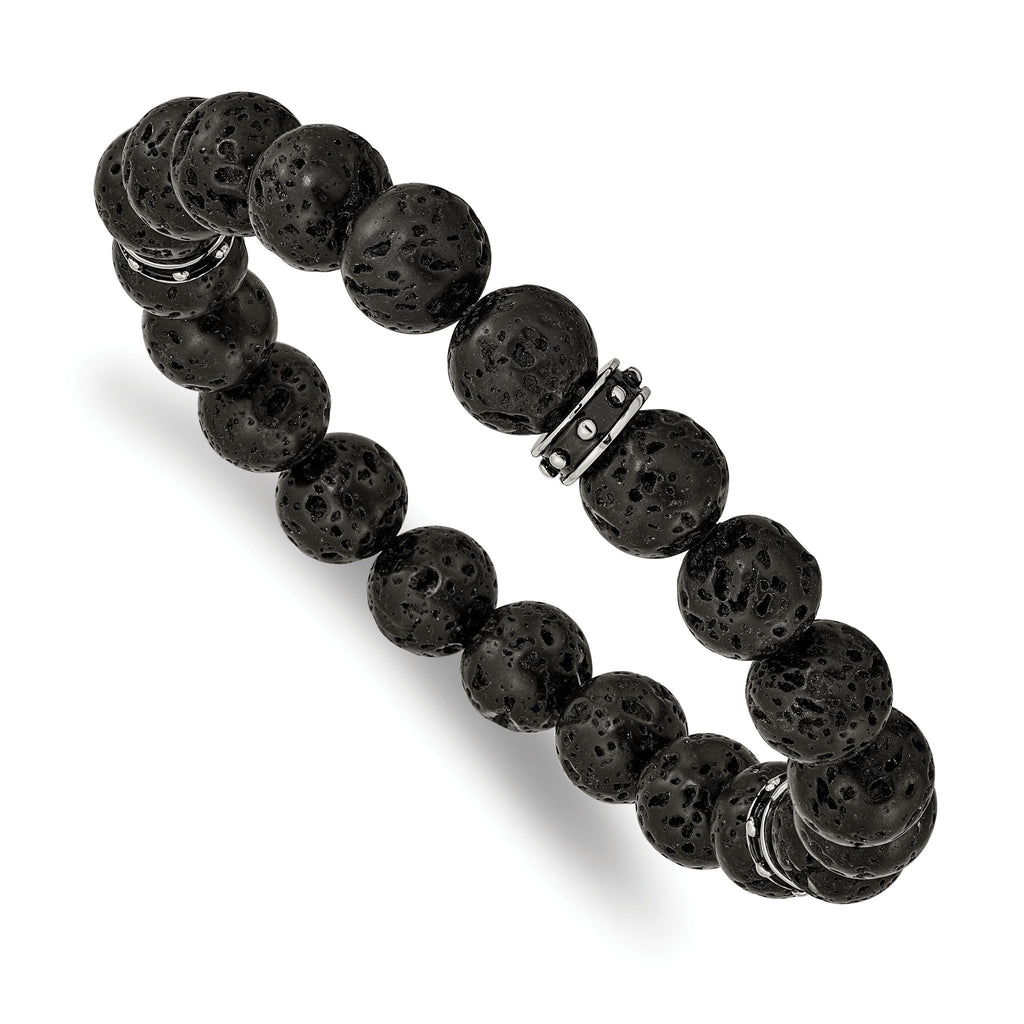 Stainless Steel Polished Black Enamel 10.5mm Lava Stone Beaded Stretch Bracelet for Men