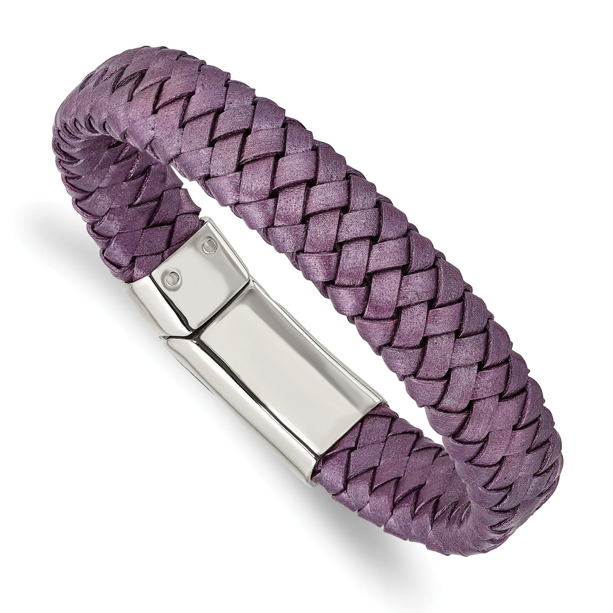 Stainless Steel Polished Metallic Purple Braided Leather Bracelet for Women Main image
