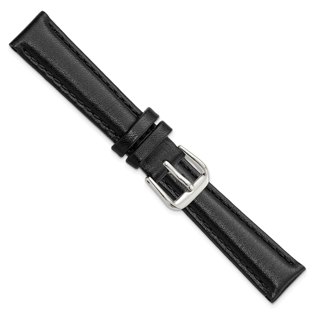 Short Black Smooth Leather Watch Band with Silver-Tone Buckle, 14mm