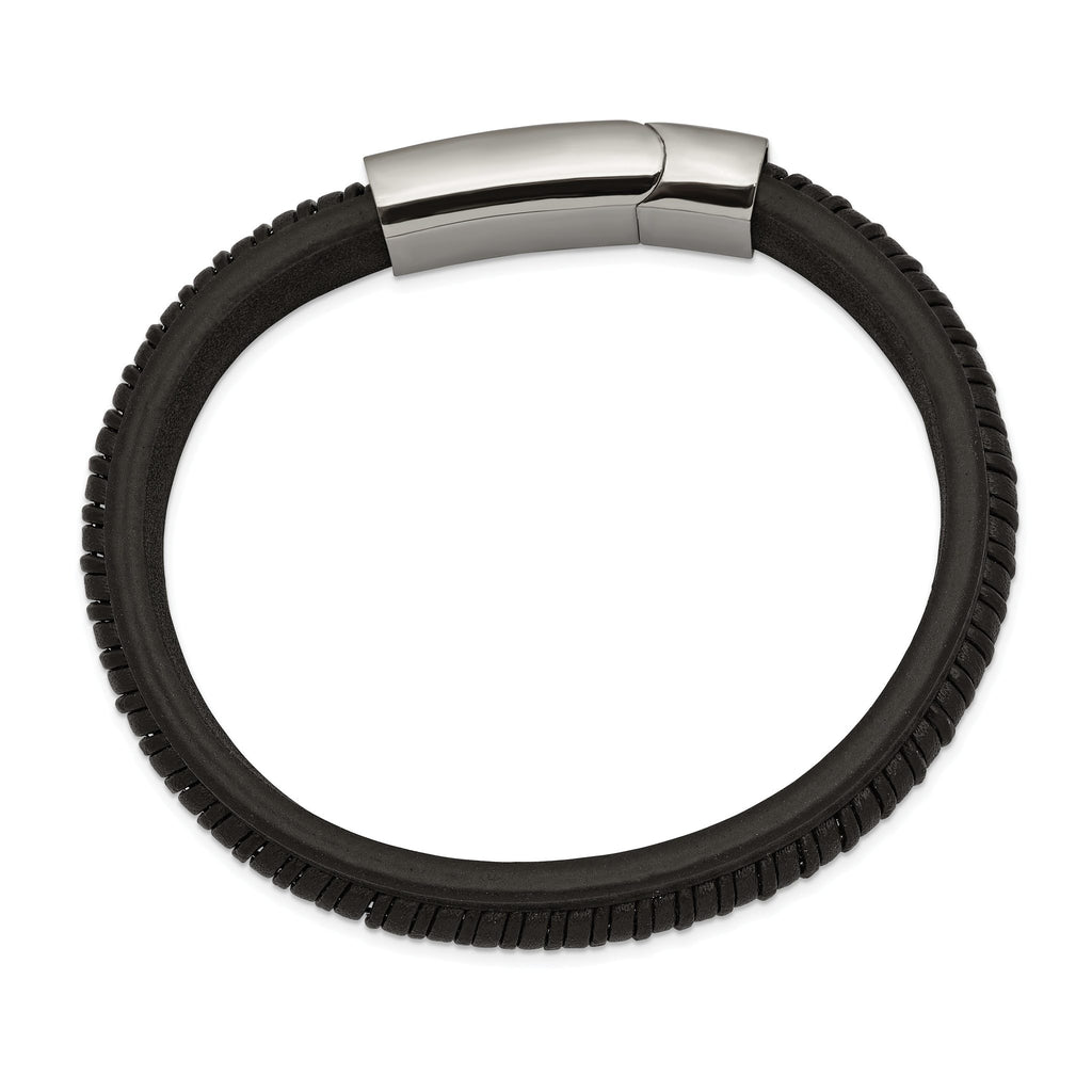 Stainless Steel Polished Black Leather Bracelet for Men