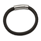 Stainless Steel Polished Black Leather Bracelet for Men