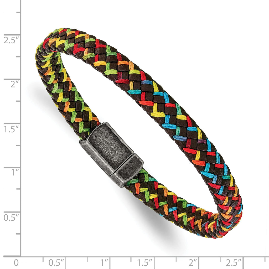 Stainless Steel Antiqued Braided Brown Leather and Multi-color Nylon Bracelet
