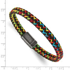 Stainless Steel Antiqued Braided Brown Leather and Multi-color Nylon Bracelet
