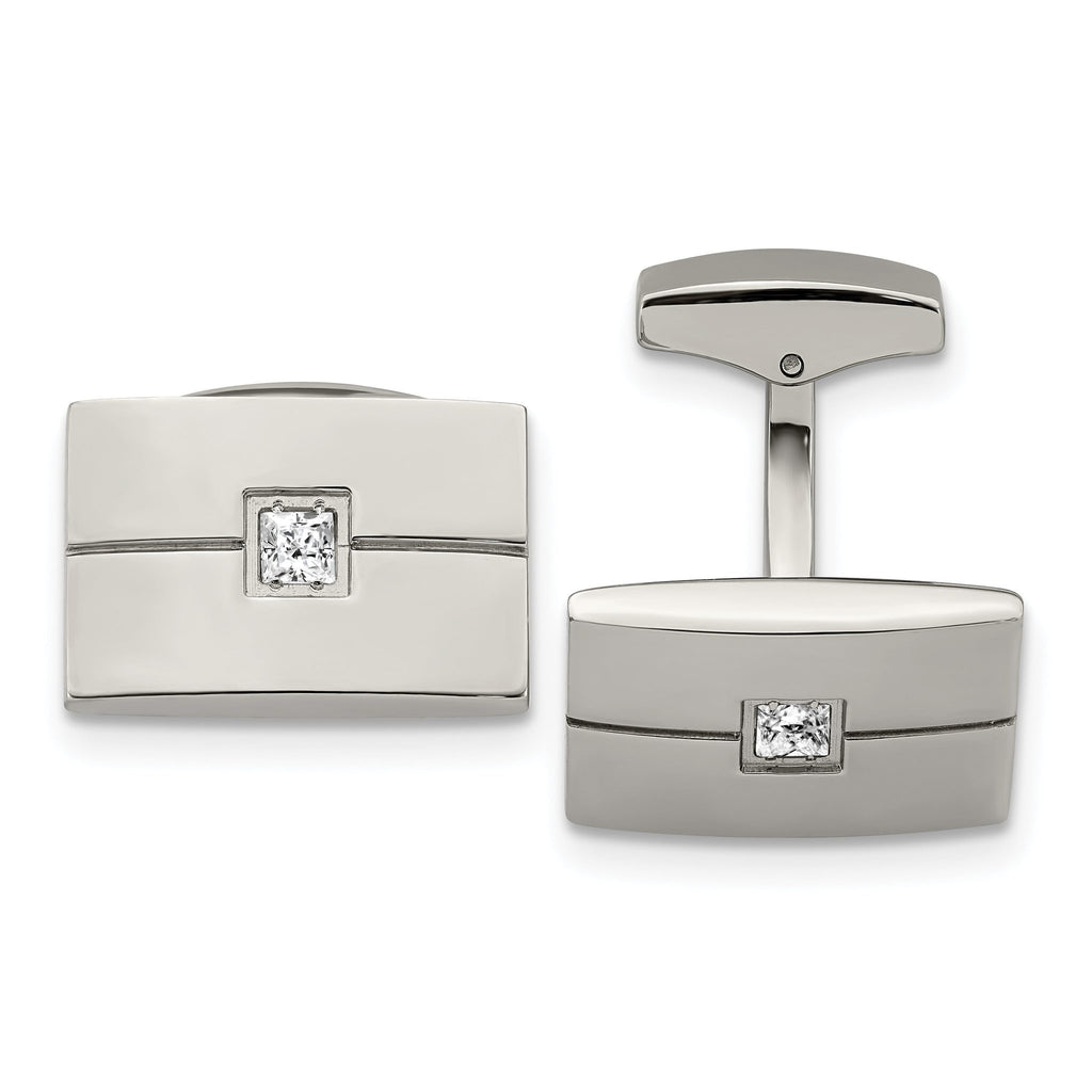 Polished Stainless Steel CZ Rectangle Cuff Links