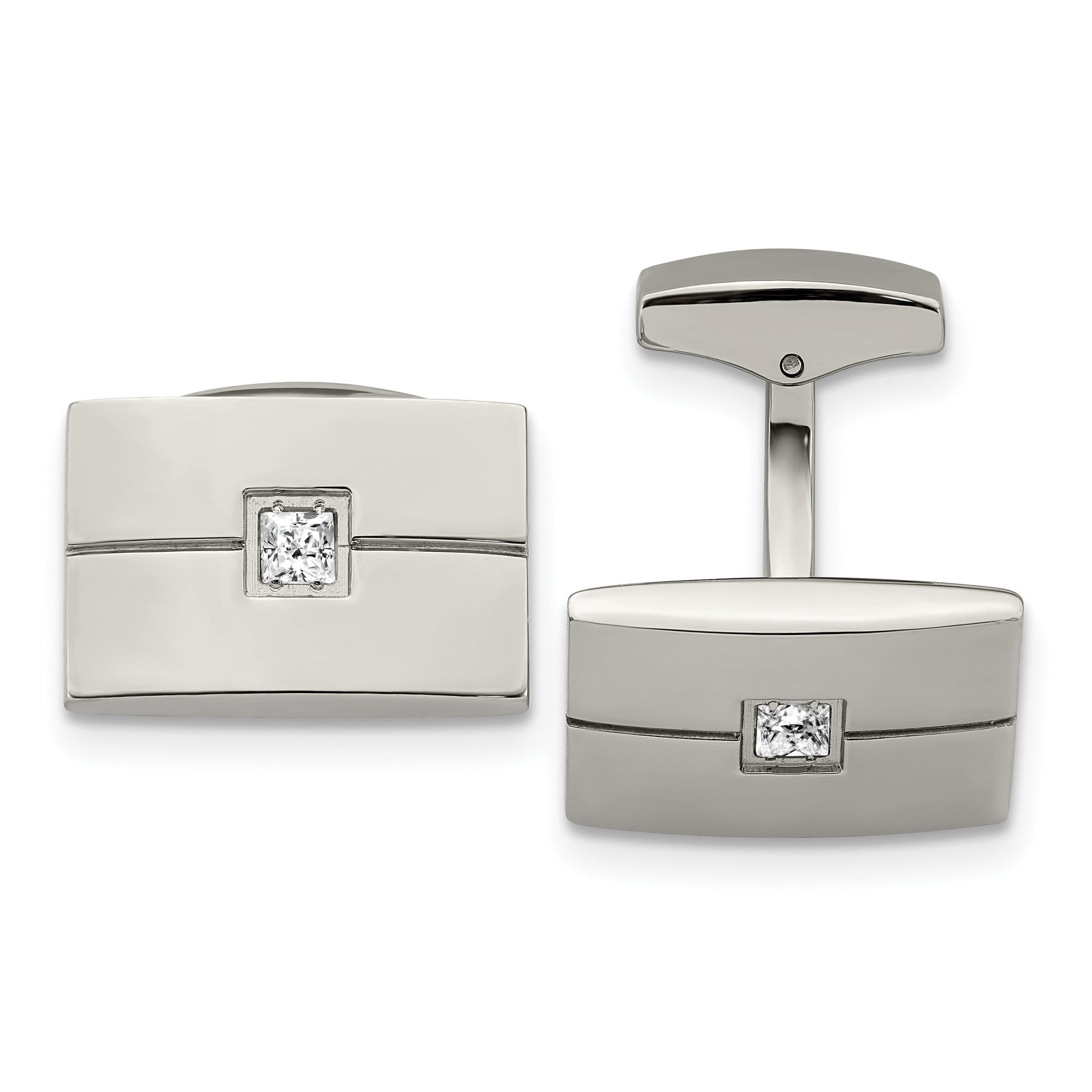 Polished Stainless Steel CZ Rectangle Cuff Links