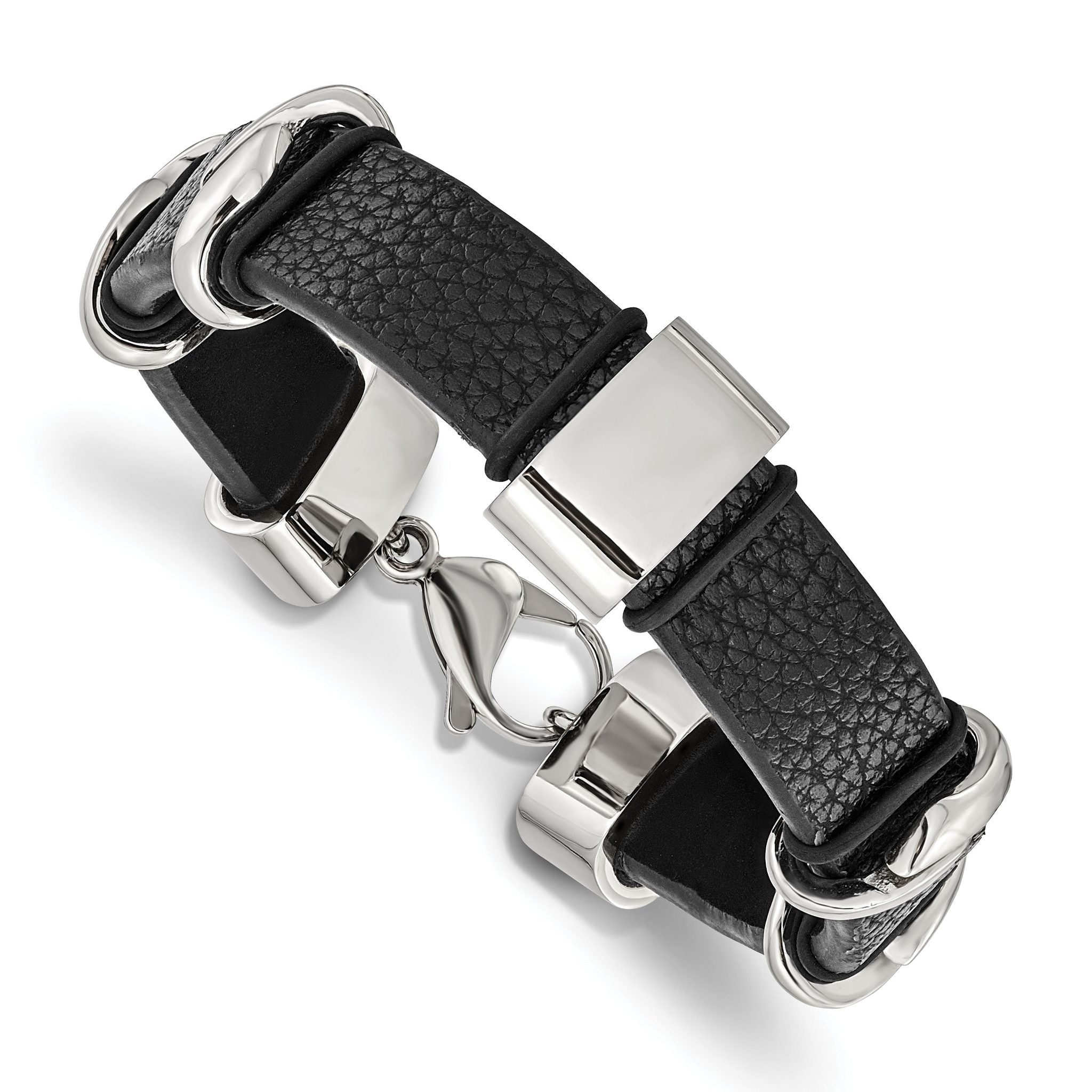 Stainless Steel Polished Black Leather Bracelet for Men Main image