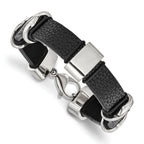 Stainless Steel Polished Black Leather Bracelet for Men