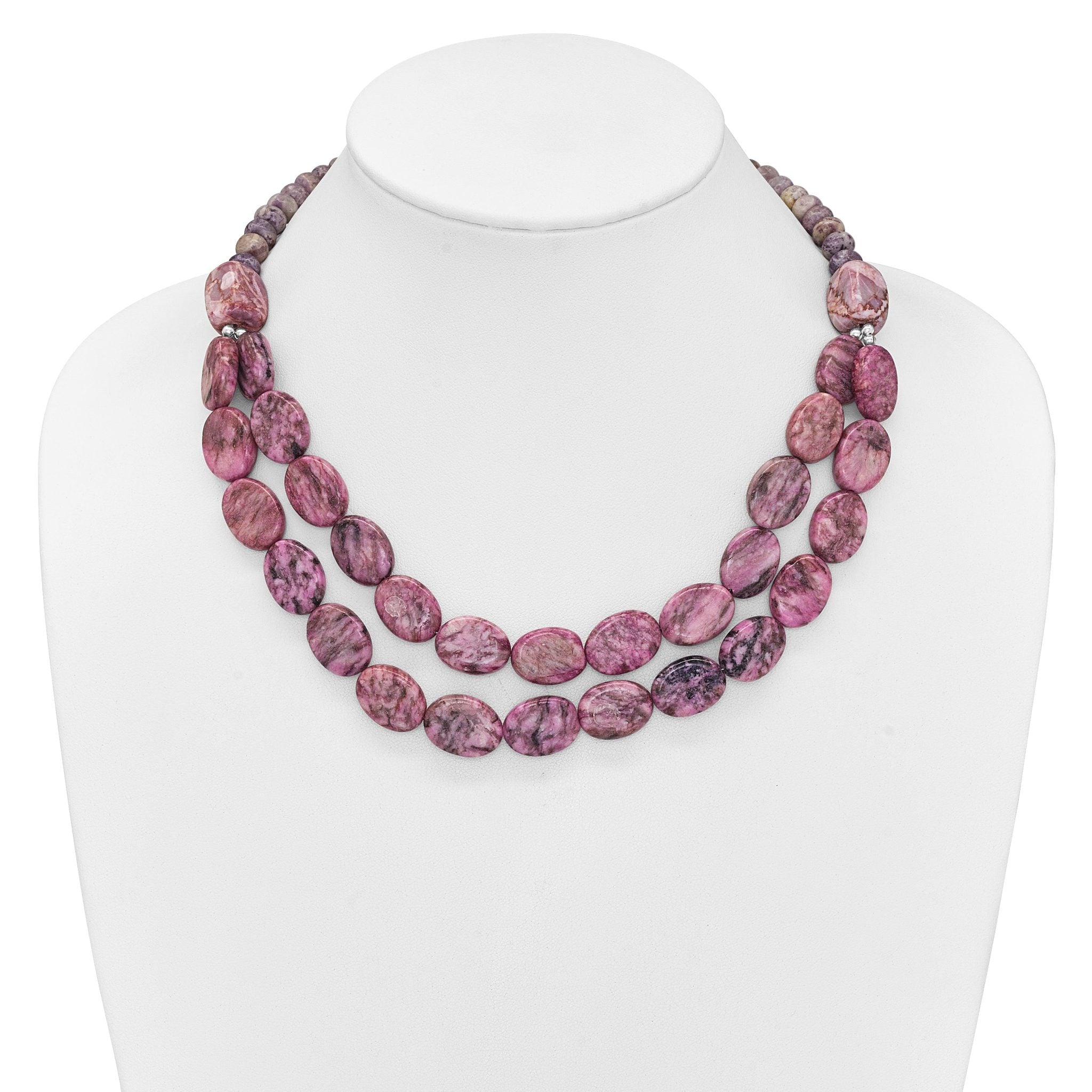 Sterling Silver Charoite, Jade, Pink and Purple Jasper With 2in ext Necklace