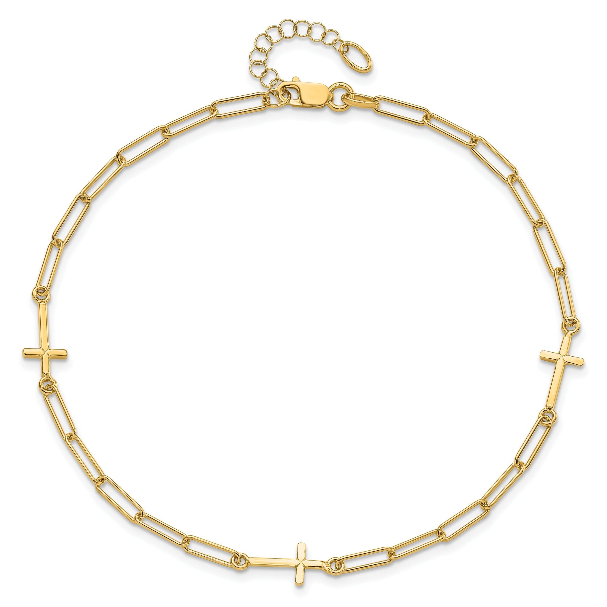 14K Cross and Paperclip Link 3-Station 9 inch Plus 1inch Extender - Total 10 inch Anklet
