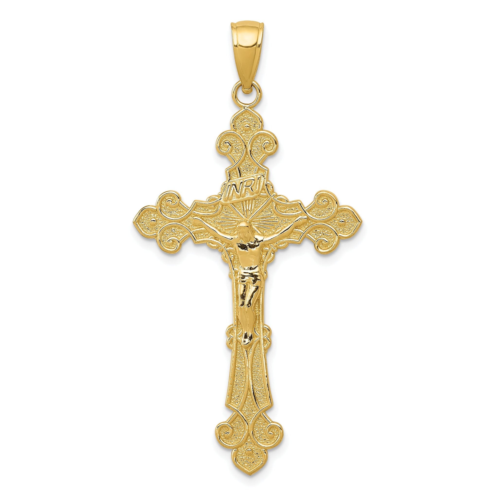 10K Polished Textured INRI Crucifix Fleur de Lis Pendant Main image