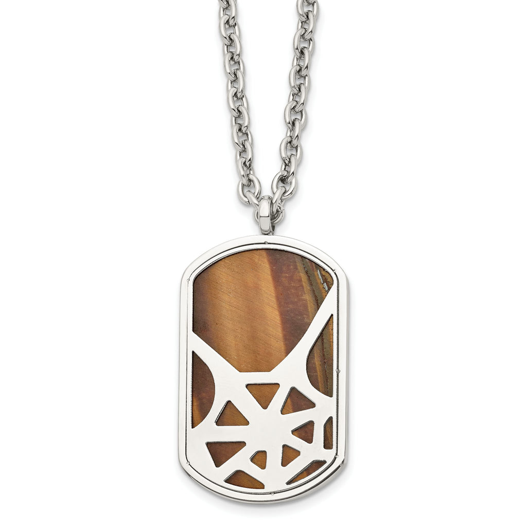 Tiger's Eye Spider Web Dog Tag Necklace in Stainless Steel