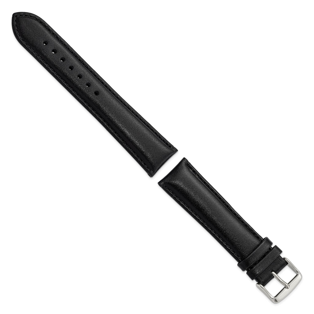 Long Black Leather Watch Band in Chronograph Style, 20mm