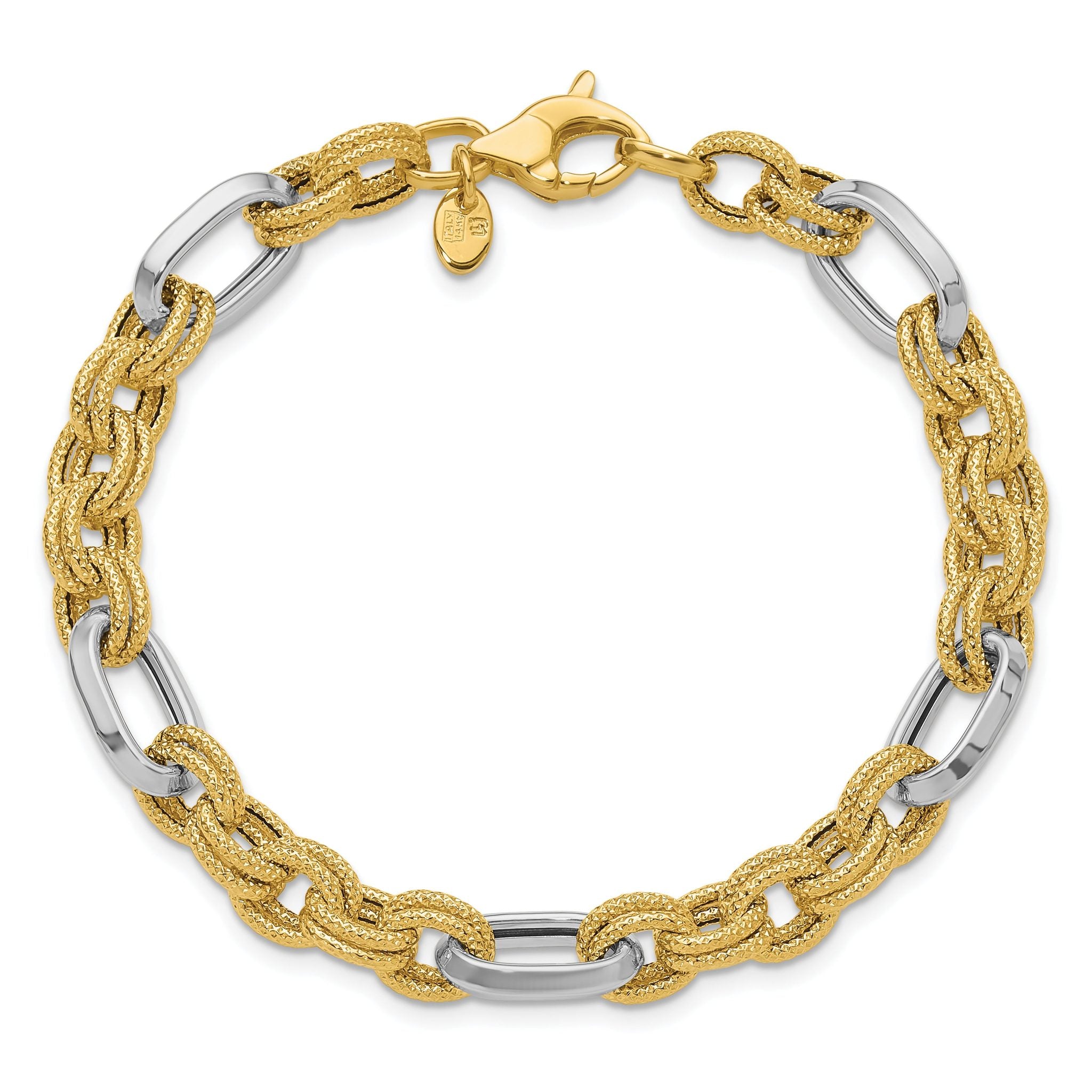 14K Two-tone Polished and Textured Fancy Link Bracelet