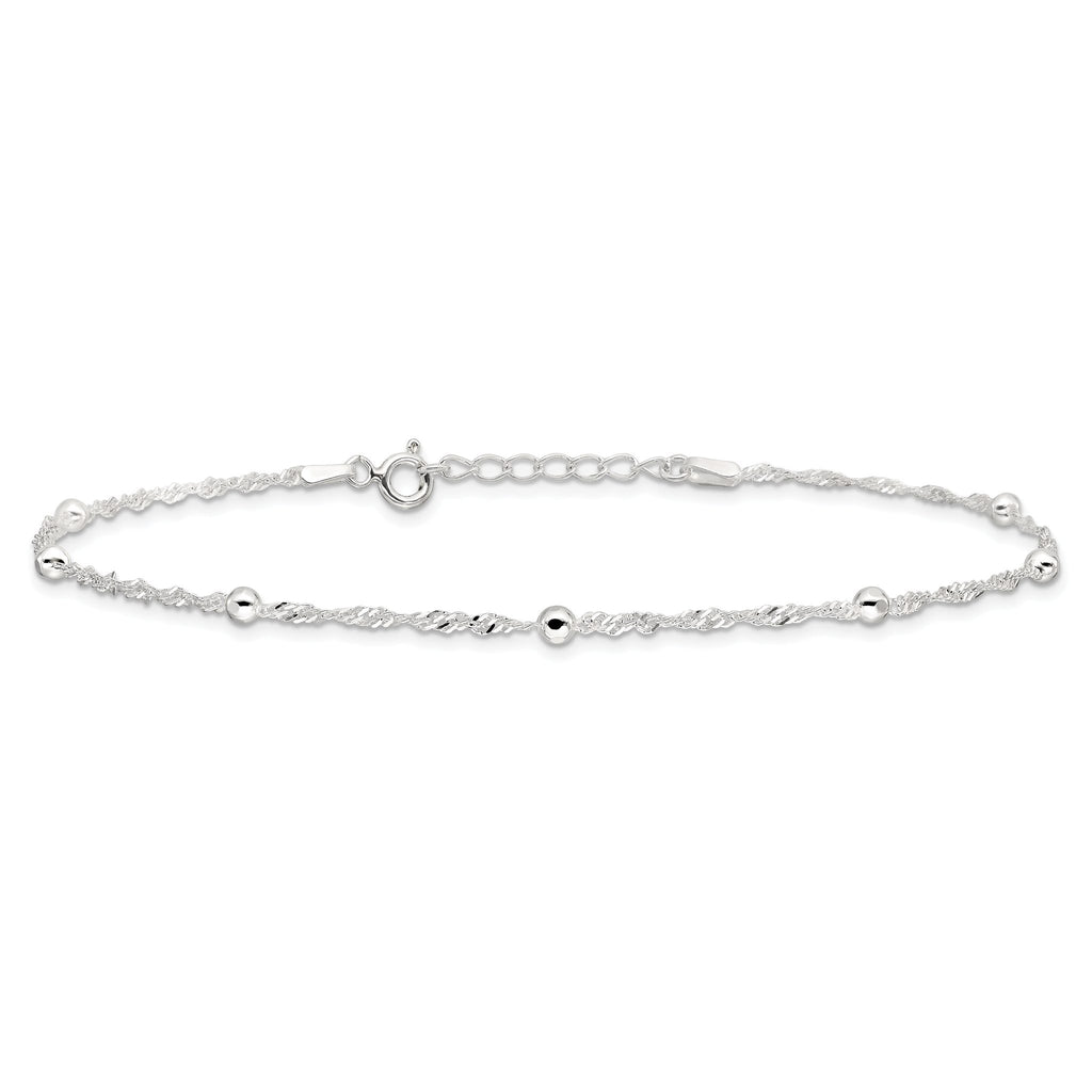 Sterling Silver Bead 7-Station 9 inch Plus 1 inch Extender - Total 10 inch Anklet
