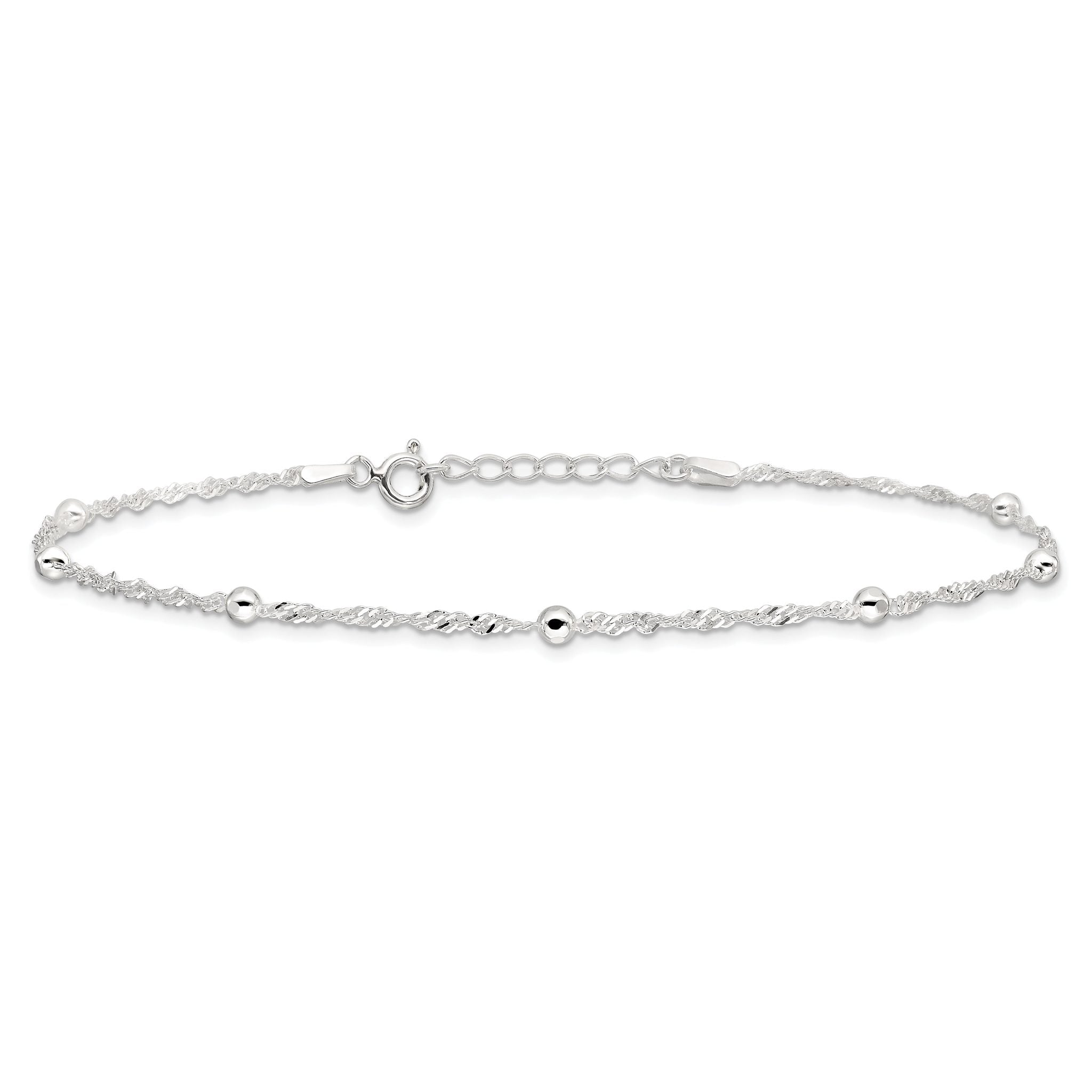 Sterling Silver Bead 7-Station 9 inch Plus 1 inch Extender - Total 10 inch Anklet