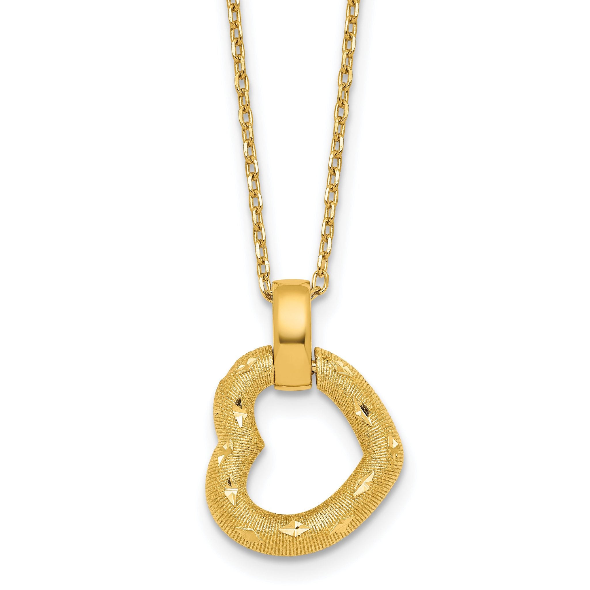 14K Polished Textured and Diamond-cut Fancy Heart Pendant 16 Inch Necklace with 2.25 Inch Extender Main image