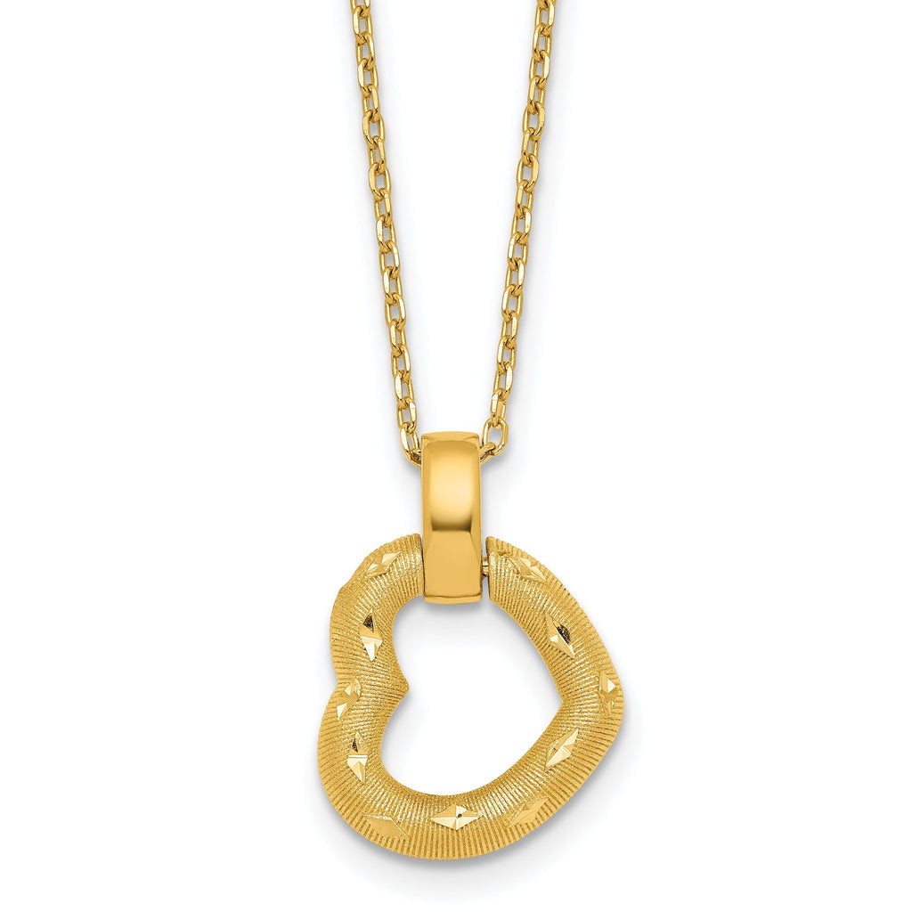 14K Polished Textured and Diamond-cut Fancy Heart Pendant 16 Inch Necklace with 2.25 Inch Extender