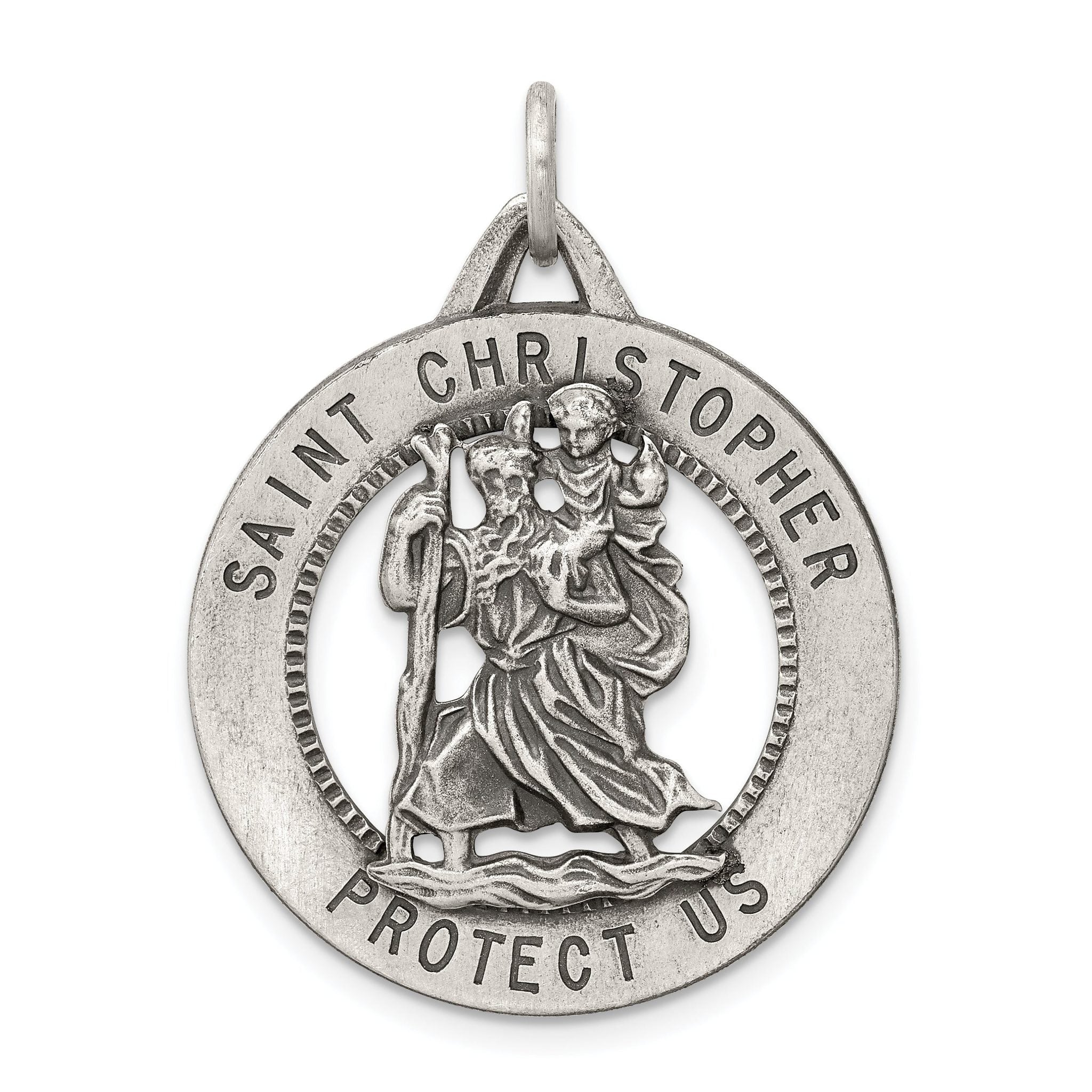 Sterling Silver 925 St. Christopher Medal Pendant Antiqued Finish