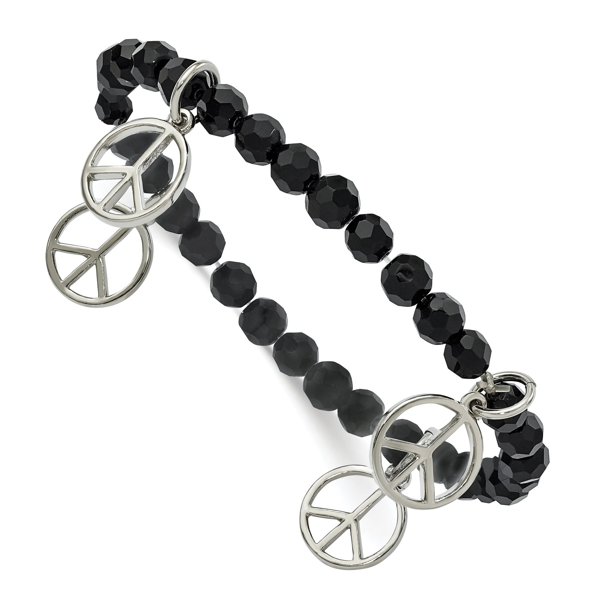 1928 Jewelry Silver-tone Peace Charms on Jet Black Crystal Faceted Beaded Stretch Bracelet Main image