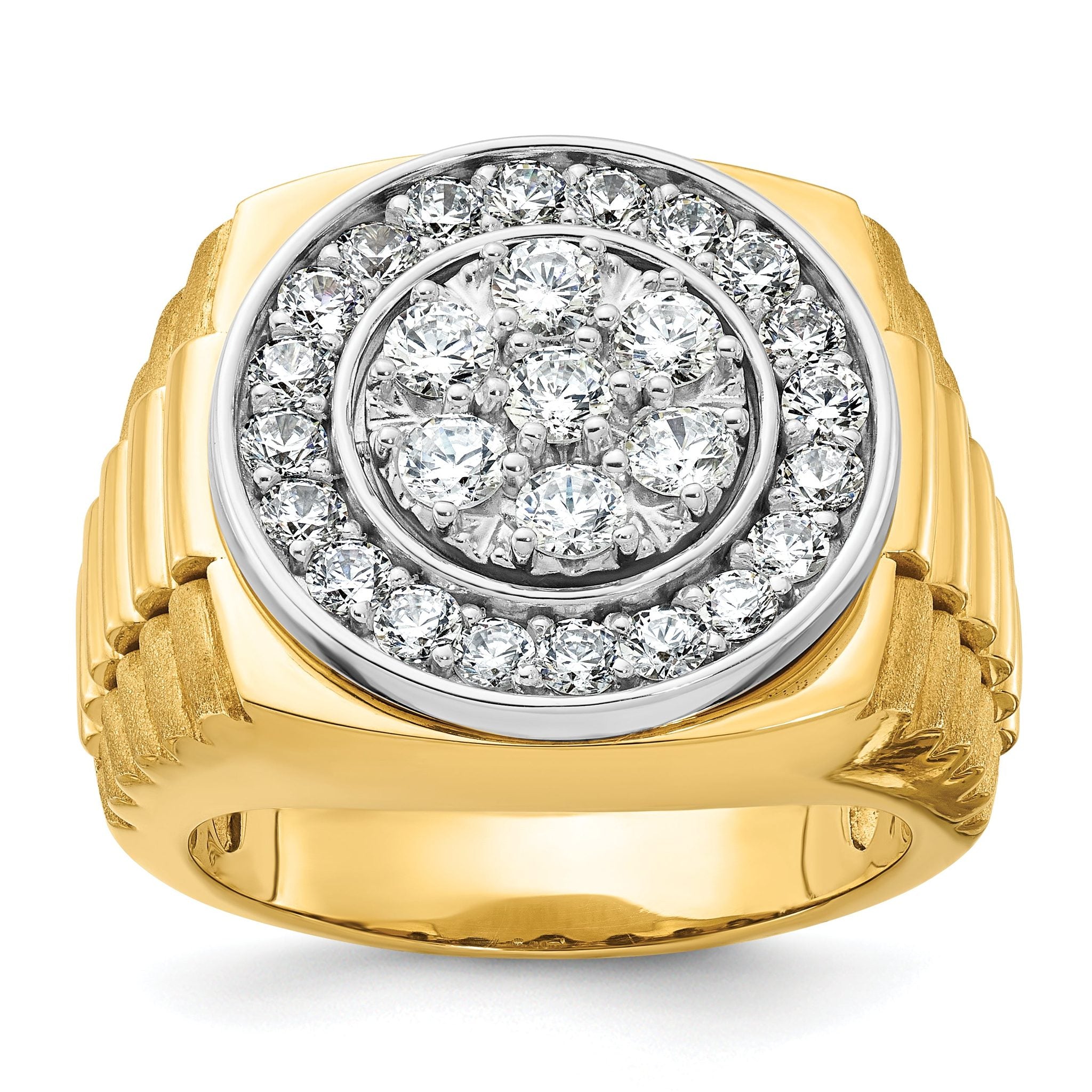 14k Two-tone Mens Polished Satin and Ribbed 2 Carat AA Diamond Round Cluster Halo Ring