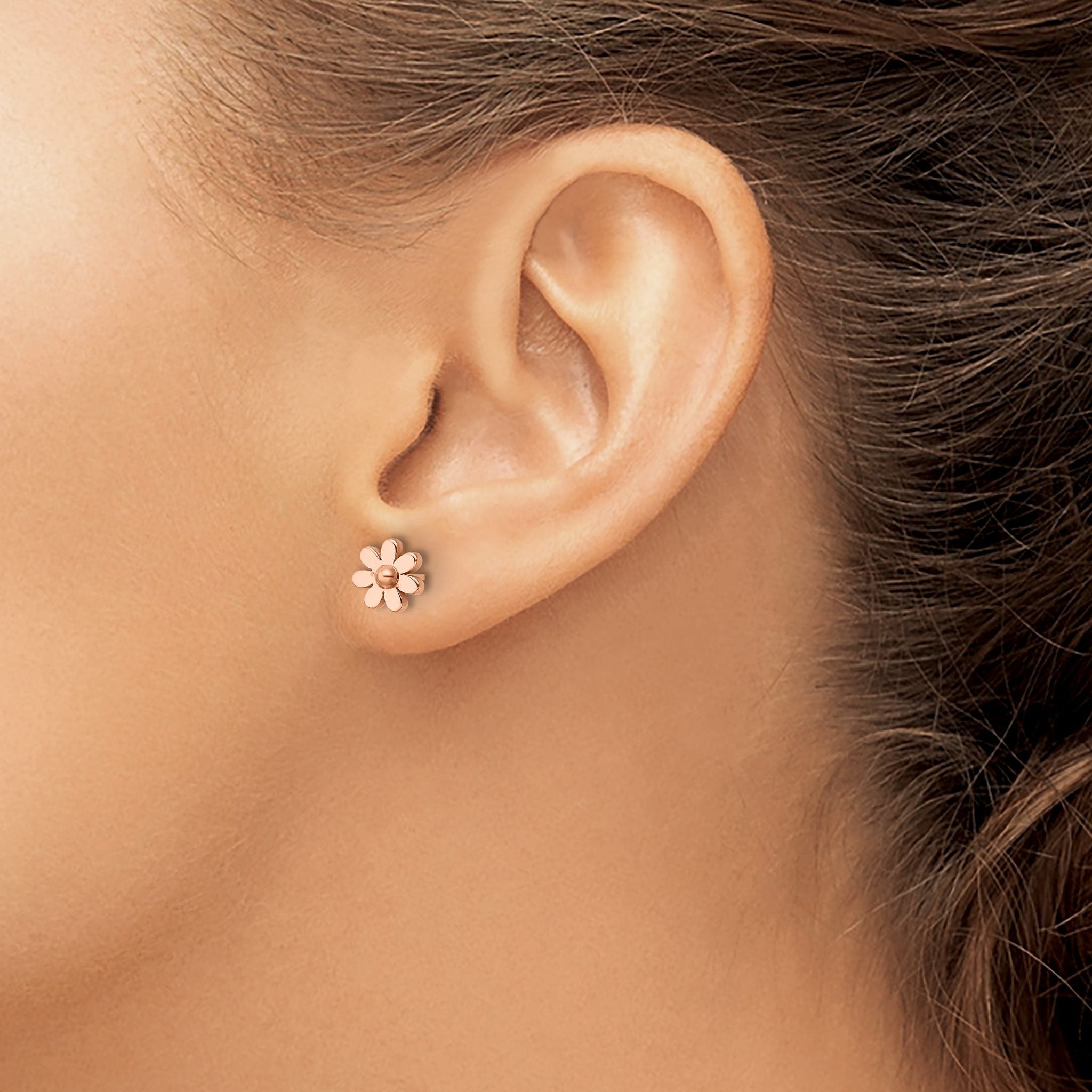Stainless Steel Rose Gold-Tone Polished Flower Button Earrings for Women