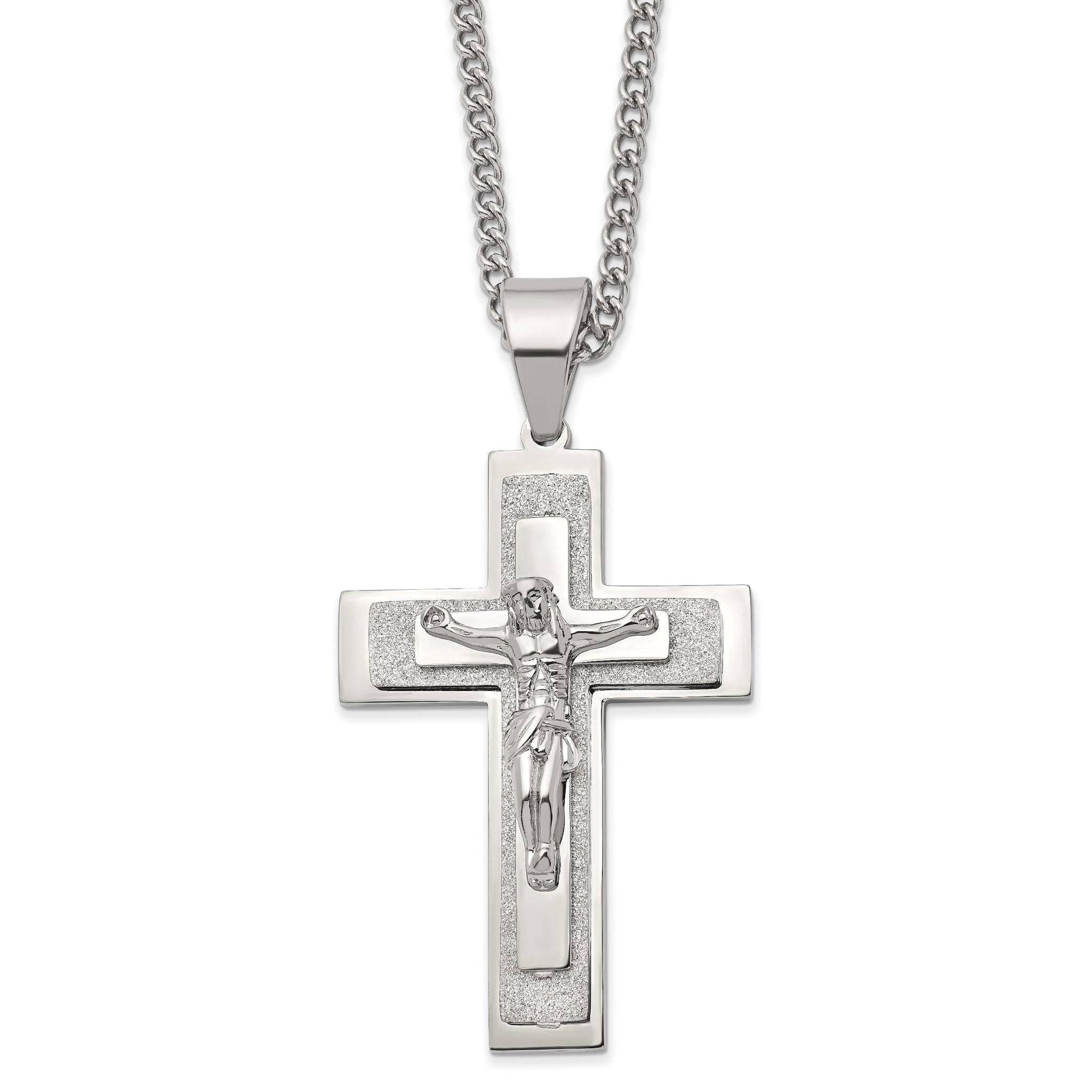 Chisel Stainless Steel Polished Laser-cut Crucifix Pendant on a 24 inch Curb Chain Necklace Main image