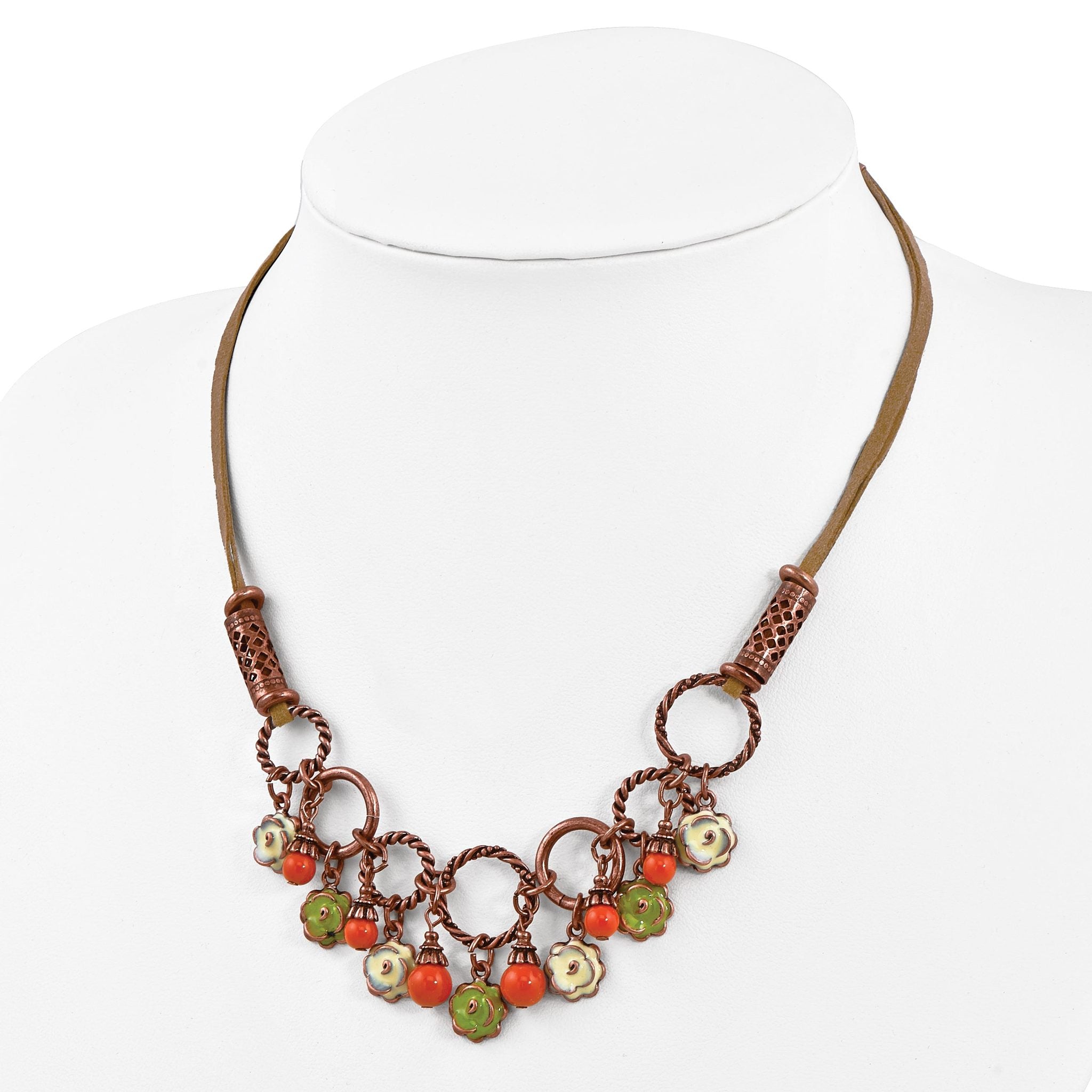 Floral Enamel & Bead Dangle Necklace in Copper-Tone Metal Secondary image