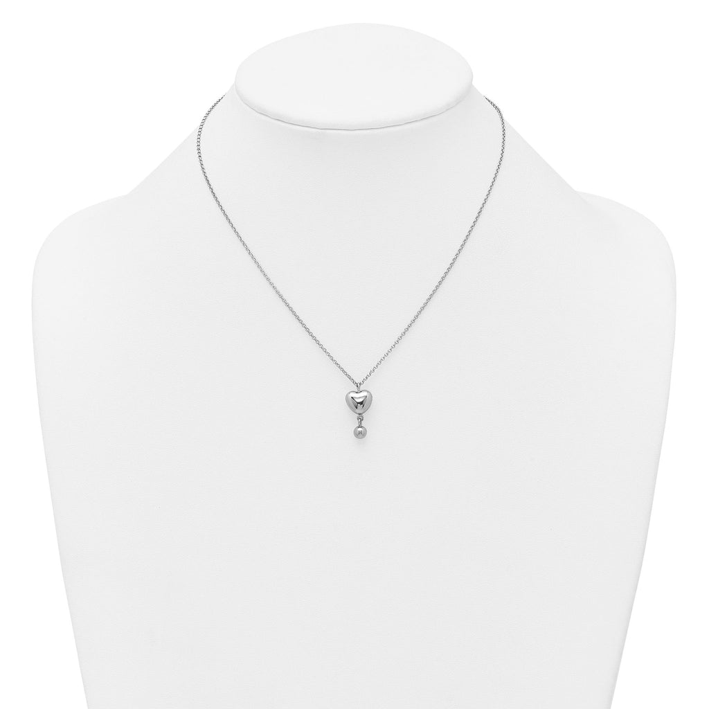 Sterling Silver Rhodium-plated Polished Puffed Heart and Ball Dangle 16 inch with 1 inch Extender Necklace