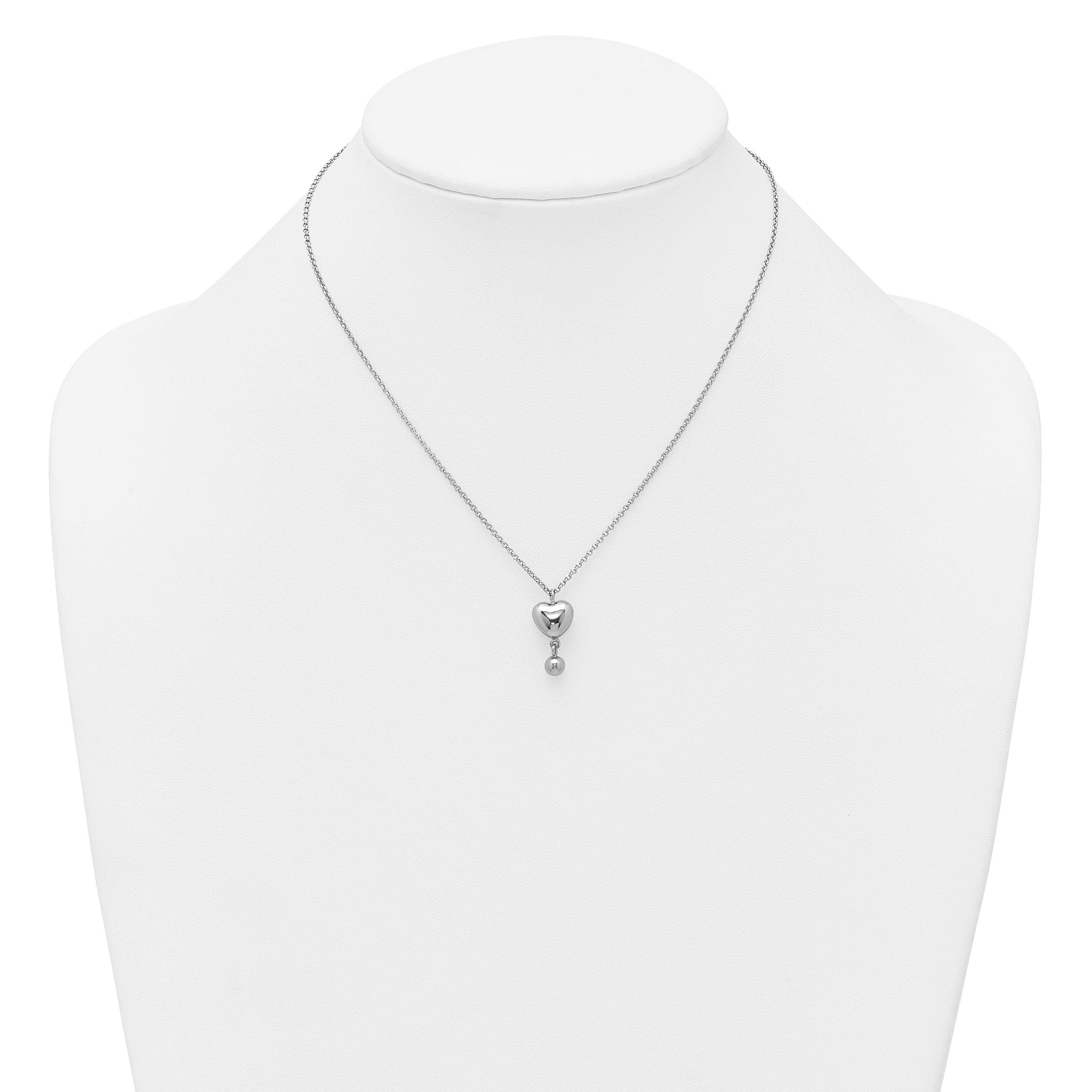 Sterling Silver Rhodium-plated Polished Puffed Heart and Ball Dangle 16 inch with 1 inch Extender Necklace