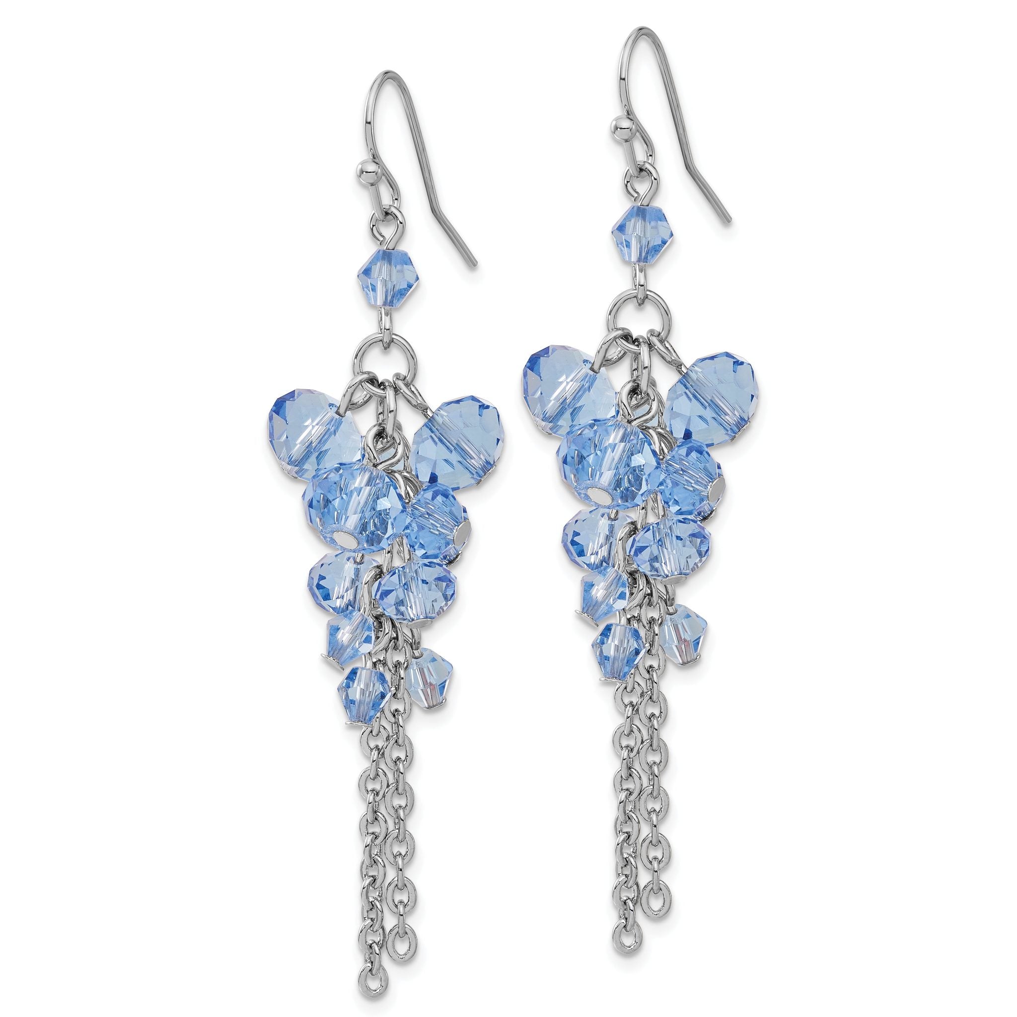 Blue Glass Bead Cluster Drop Earrings in Silver Tone