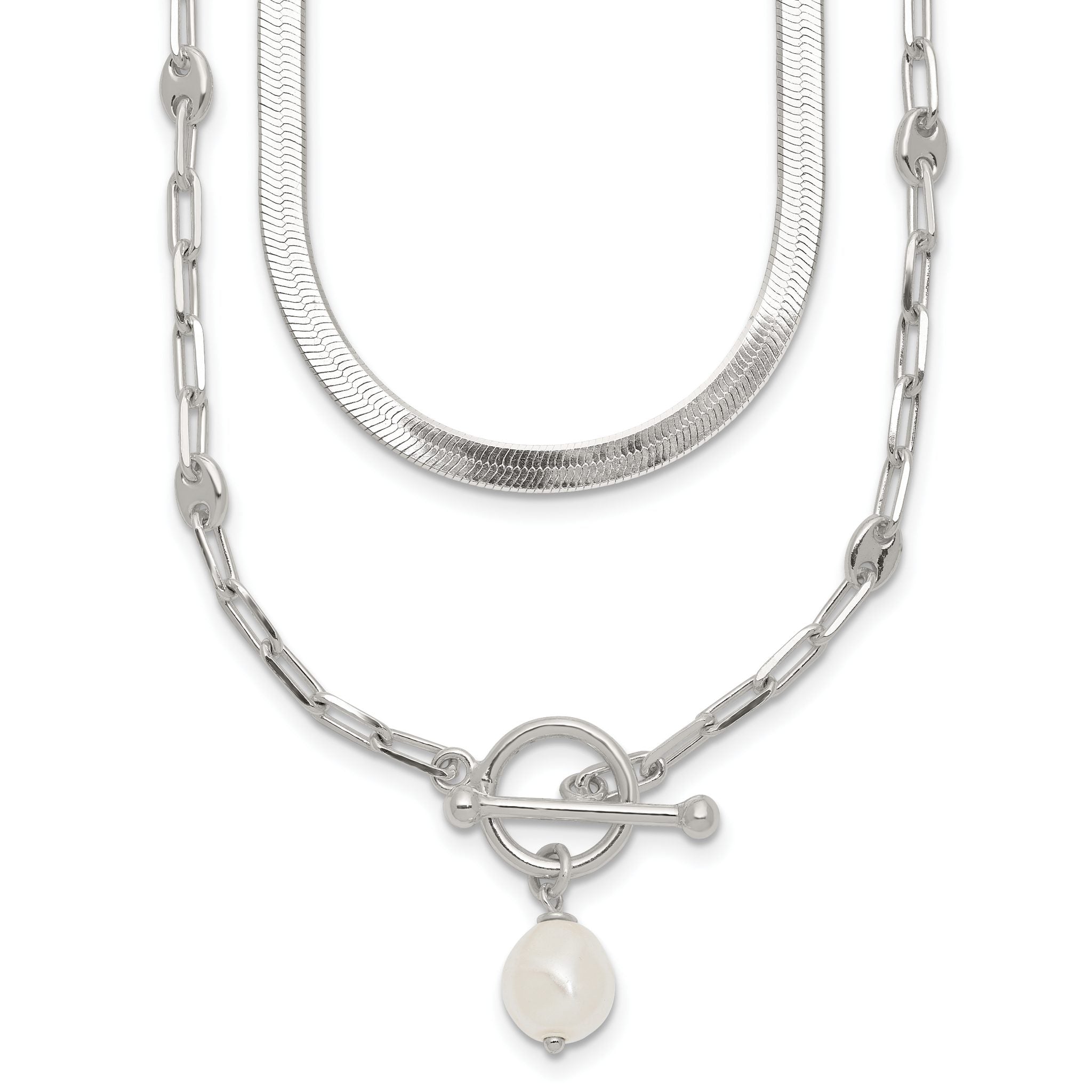 Sterling Silver Polished Baroque White Crystal Pearl Multi-strand 14 inch with 2 inch Extension Necklace Main image