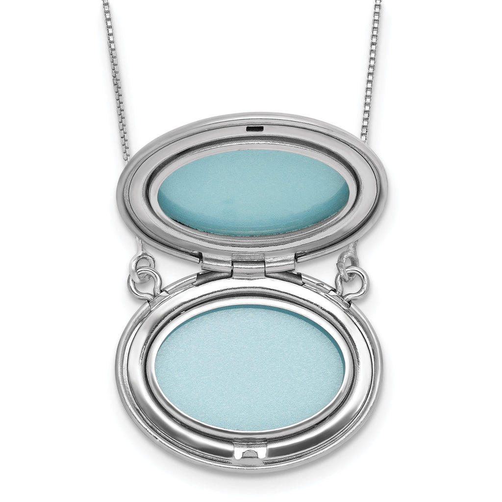 Sterling Silver Rhodium-plated Brushed/Polished Pink and Green Epoxy MOM Rose 18.75 inch with 2 inch ext. 20mm Oval Locket Necklace