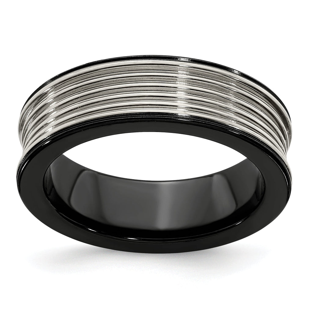 Grooved Concave Wedding Band in Black Titanium & Titanium, 7mm
