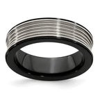 Grooved Concave Wedding Band in Black Titanium & Titanium, 7mm