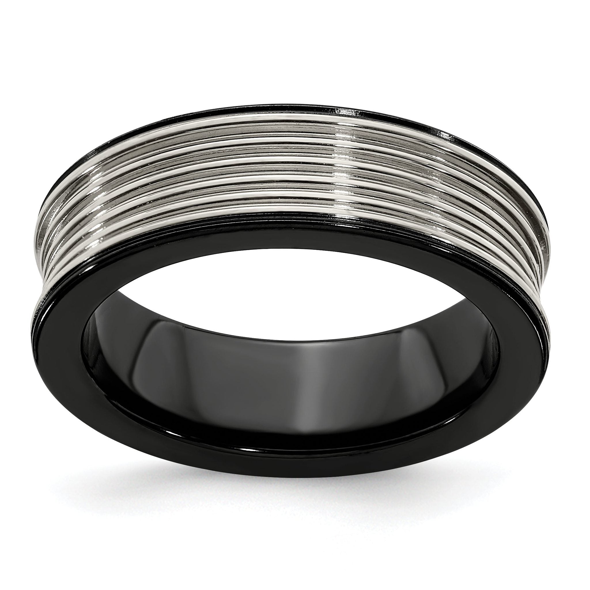 Grooved Concave Wedding Band in Black Titanium & Titanium, 7mm