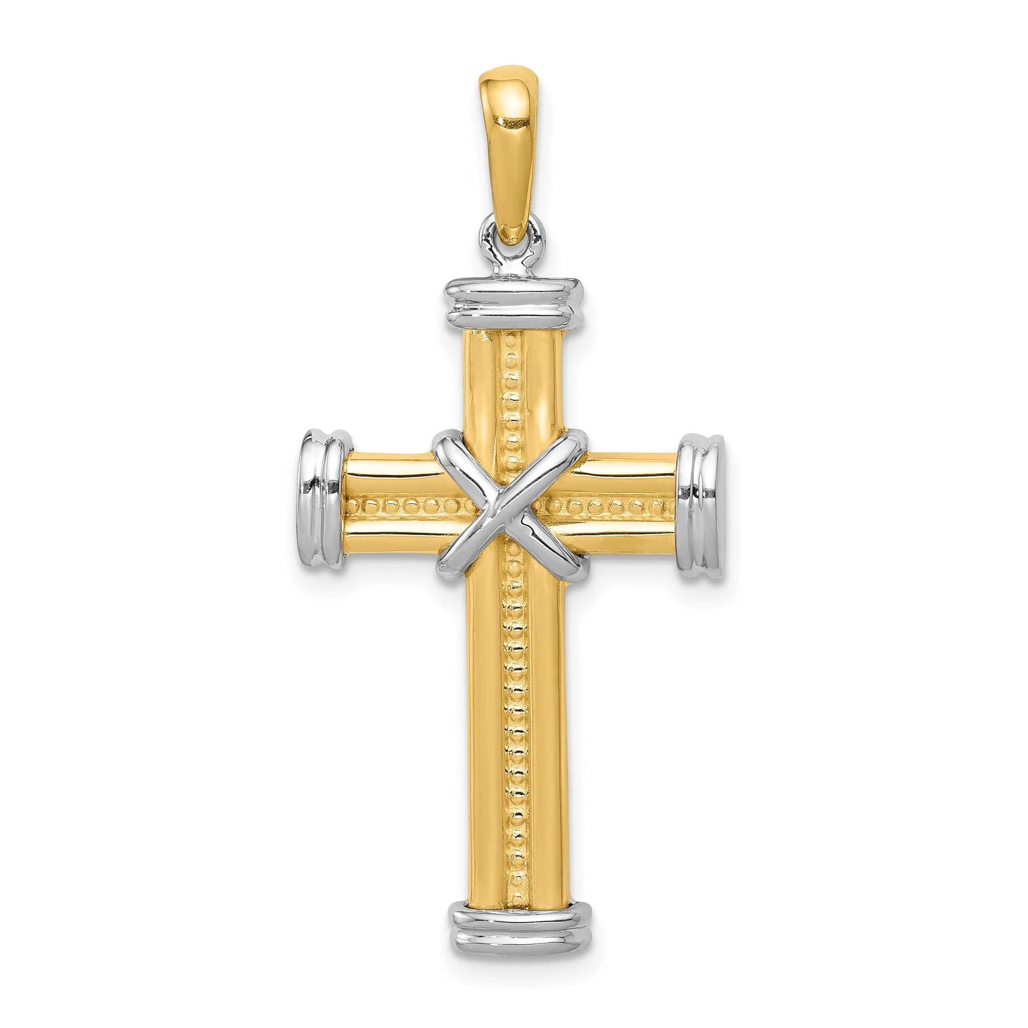 14K Two-Tone Gold Fancy Cross Pendant with Polished Textured Finish