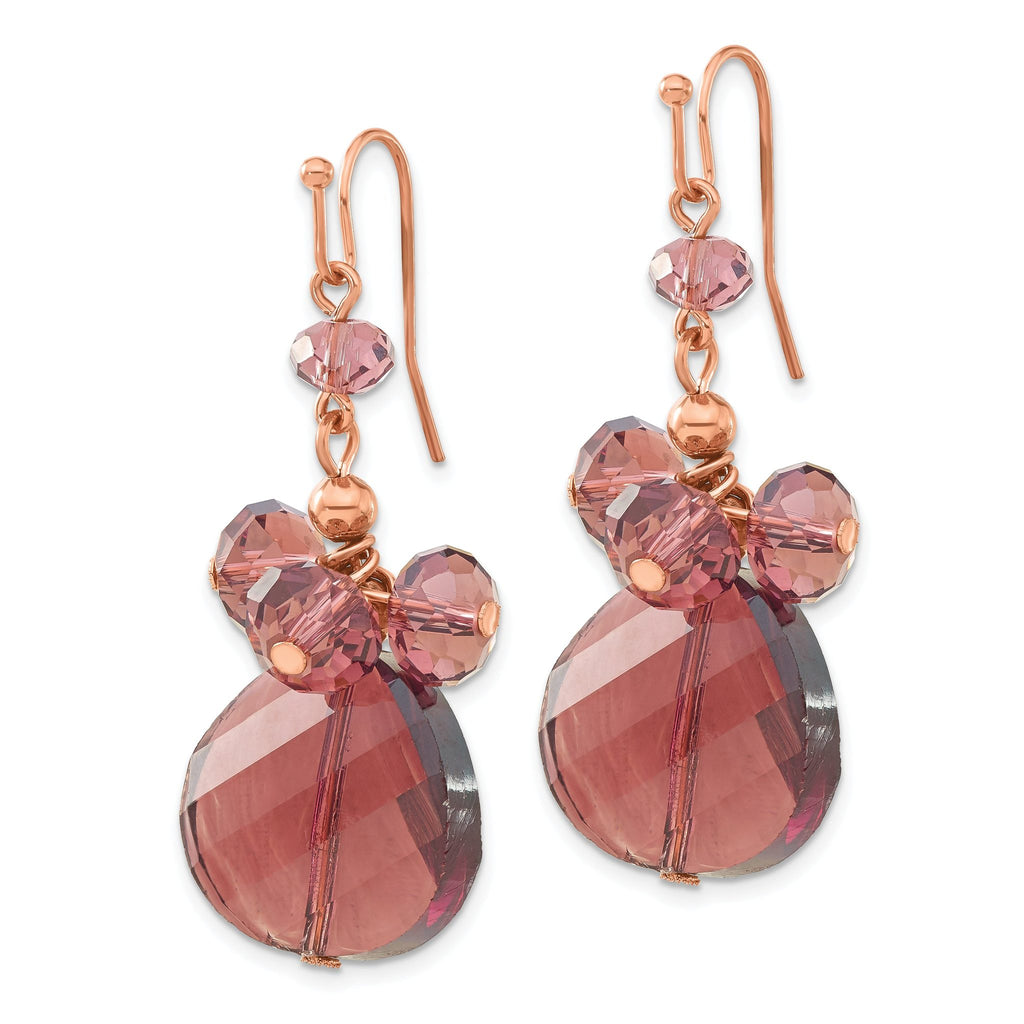 Purple Glass Bead Cluster Dangle Earrings in Rose-Tone