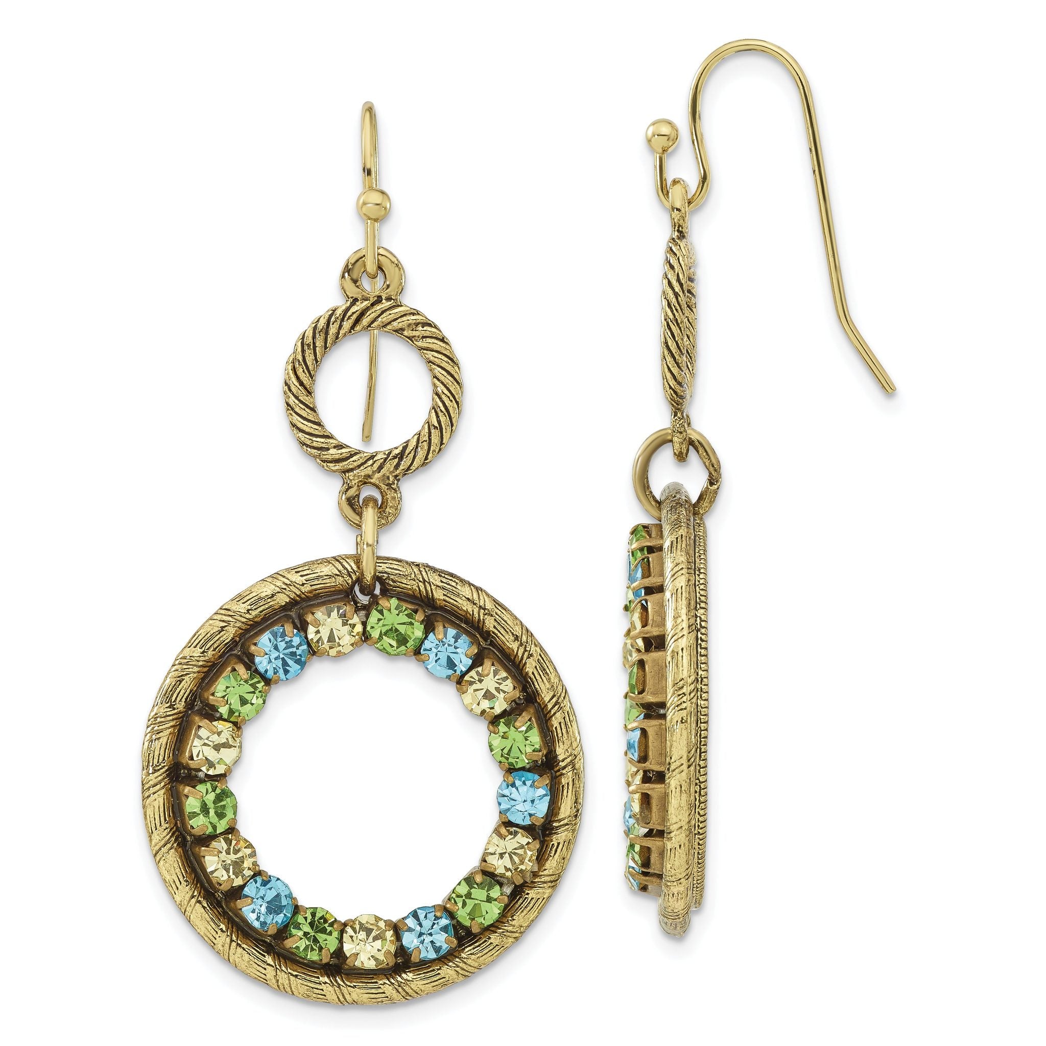 1928 Jewelry Brass-tone Textured Frame Blue Green and Light Colorado Crystal Double Circle Dangle Earrings Main image