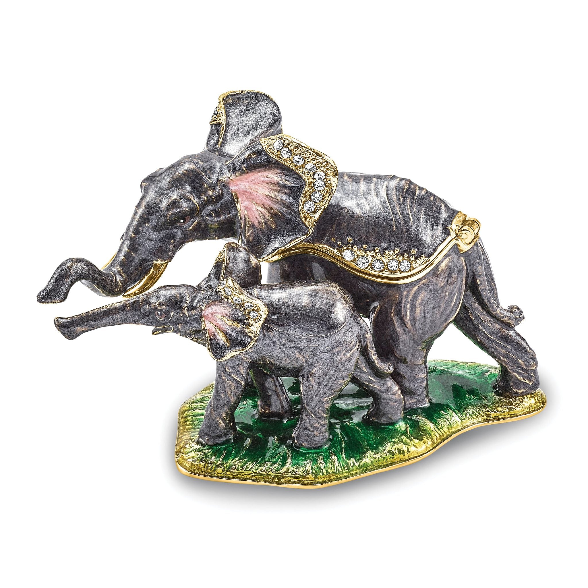 Luxury Giftware by Jere Pewter Bejeweled Crystals Gold-tone Enameled ELLA & ELI Mom & Baby Elephant Trinket Box with Matching 18 Inch Necklace