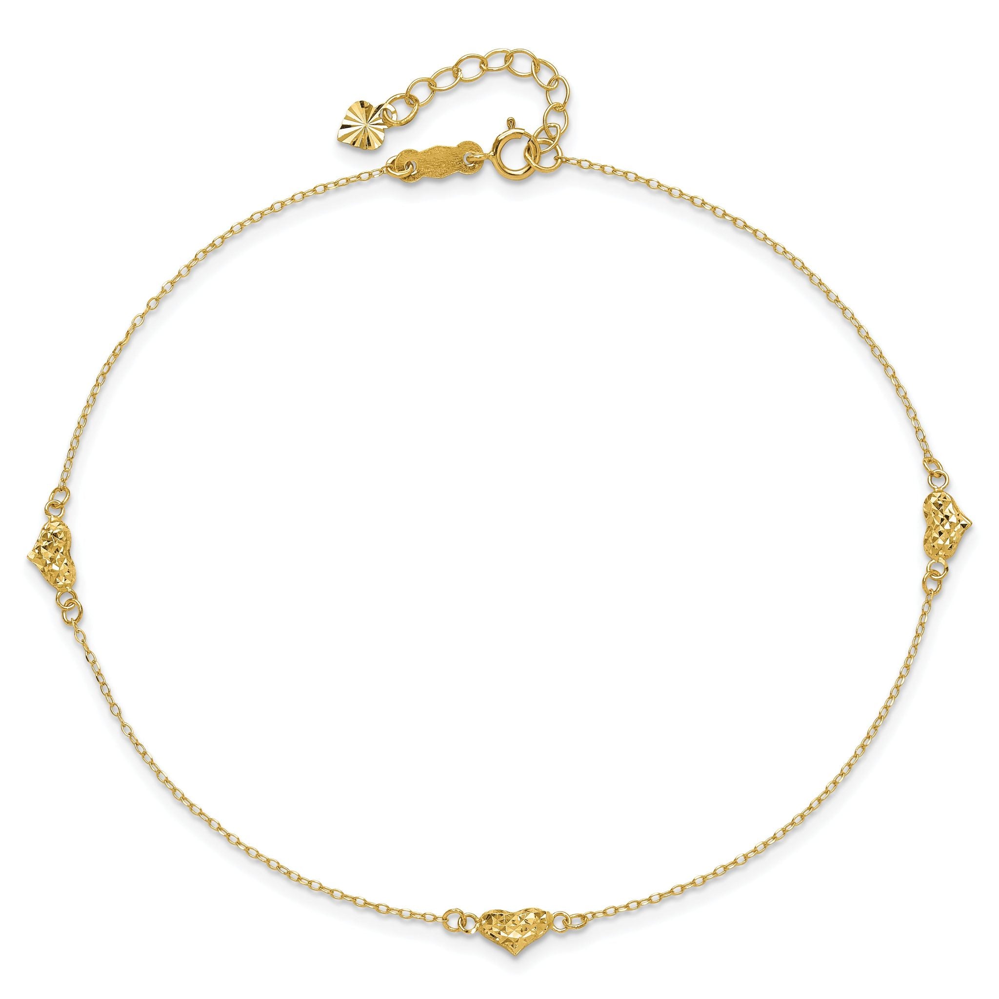 14k Polished Diamond-cut Triple Puffed Hearts 10 inch Plus 1 inch Extender - Total 11 inch Anklet
