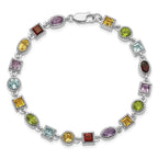 Sterling Silver 7inch Rhod Plated Rainbow Multi-gemstone Bracelet