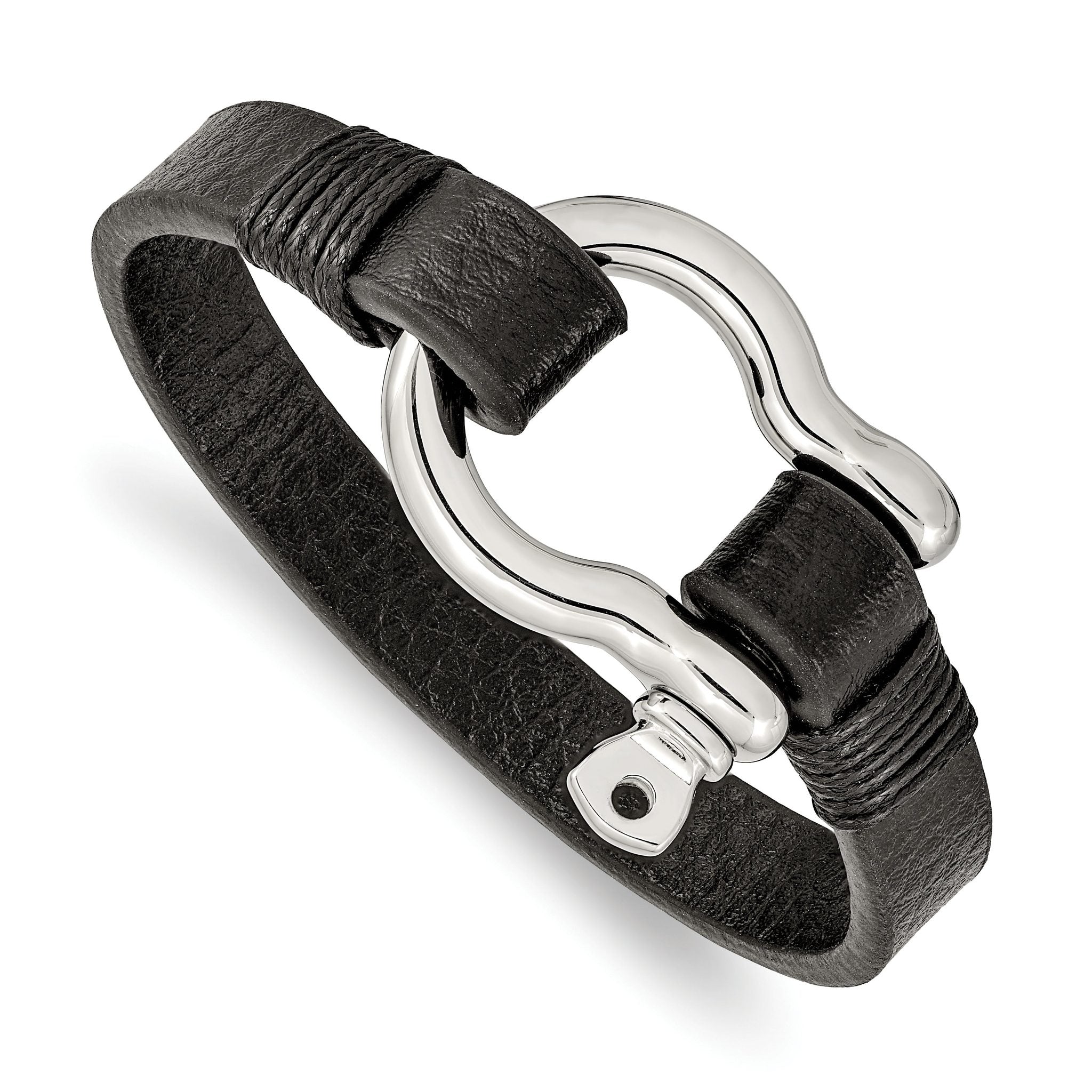 Stainless Steel Polished Shackle Black Leather Bracelet for Men Main image